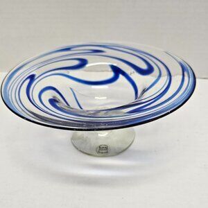 Art Glass Mouth Blown Decor Serve Glass Swirled Marble Cobalt Blue Dish Bowl